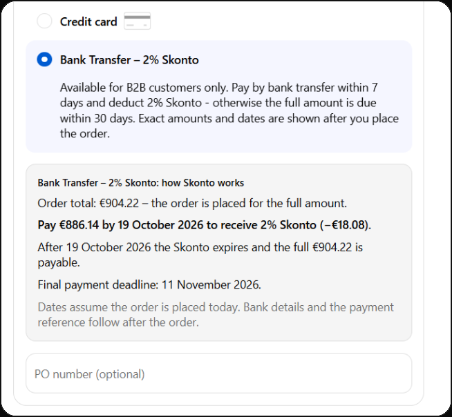 Checkout mit der Zahlungsmethode „Bank Transfer – 2% Skonto“ und einem Block, der Bestellsumme, Betrag mit Skonto, Skontofrist und Zahlungsziel nennt