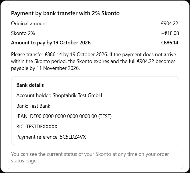Dankeseite mit Bestellsumme, Skontobetrag, zu zahlendem Betrag, Frist und Bankverbindung samt Verwendungszweck